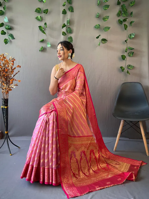 Light_Pink_Pure_Organza_Weaved_Leheriya_Saree_With_Blouse_Piece_Attached